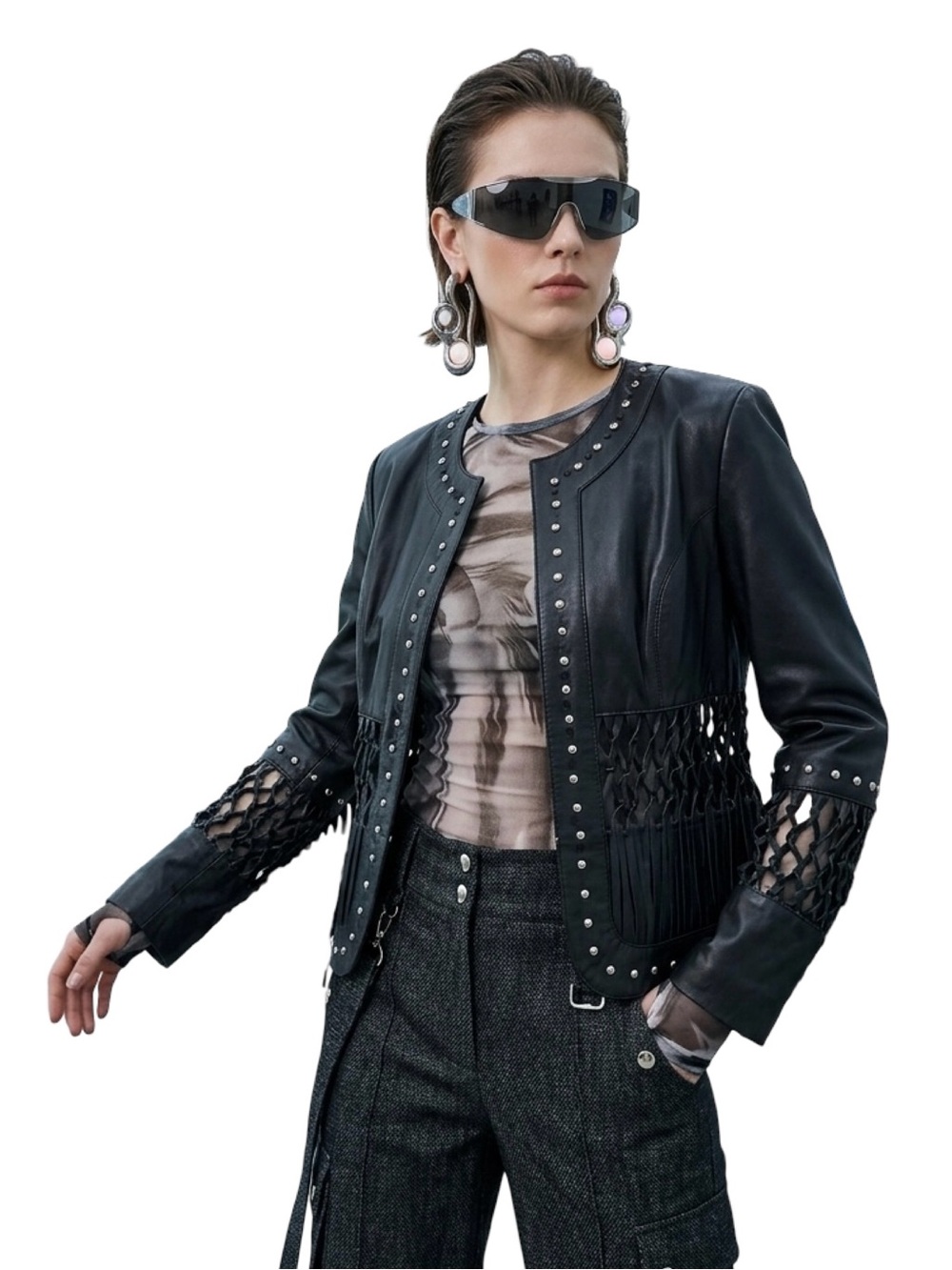 Pamela McCoy Couture Black Leather Crochet Fringe Western Jacket XS